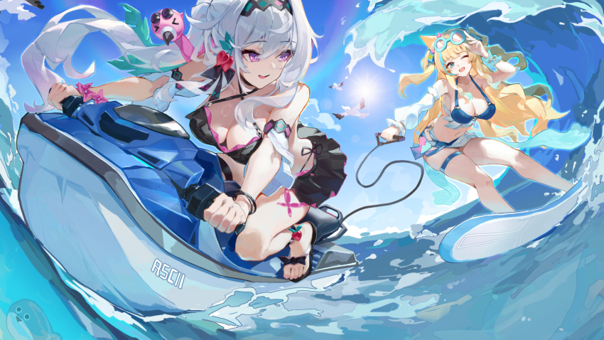 2girls, artist_name, asc11, bare_shoulders, bikini, bikini_skirt, bird, black_bikini