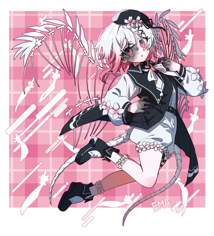 1girl, absurdres, beret, black_dress, black_hat, black_shoes, claws, colored_extremities