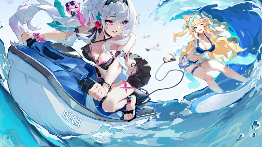 2girls, artist_name, asc11, bare_shoulders, bikini, bikini_skirt, bird, black_bikini