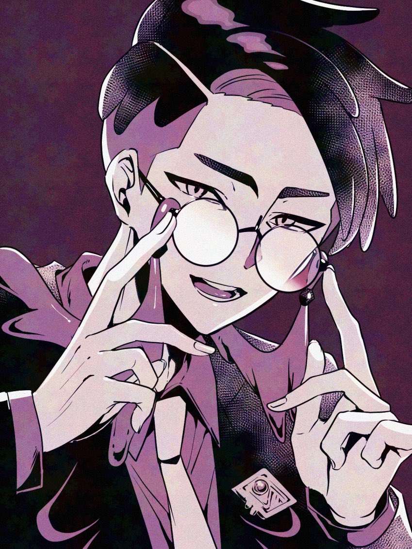 1boy, adjusting_eyewear, black_jacket, collared_shirt, corbeau_(pokemon), eyewear_strap, glasses, jacket