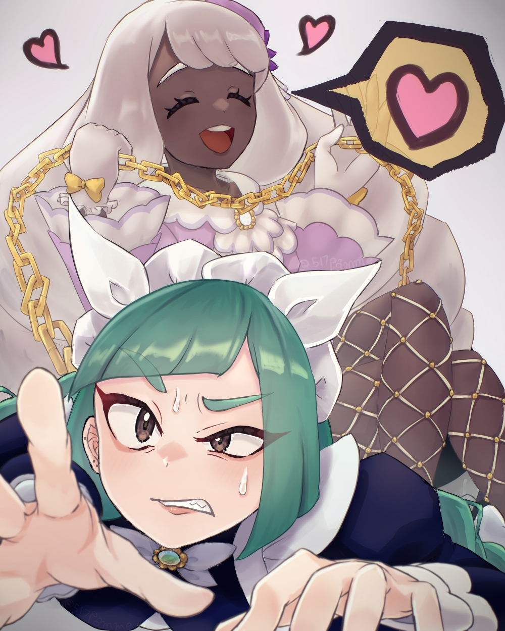 2girls, 517pomme, :d, bow, brown_eyes, chain, clenched_teeth, closed_eyes, commentary_request, dark-skinned_female, dark_skin, dress, eyelashes, female_focus, fishnet_pantyhose, fishnets, glove_bow, gloves, green_hair, grey_background, grey_hair, hat, heart, highres, holding, holding_chain, jacinthe_(pokemon), lebanne_(pokemon), long_hair, multiple_girls, nintendo, open_mouth, outstretched_hand, pantyhose, pokemon, pokemon_legends:_z-a, puffy_sleeves, purple_dress, purple_hat, sitting, sitting_on_person, smile, spoken_heart, sweat, teeth, tilted_headwear, tongue, upper_teeth_only, yellow_bow