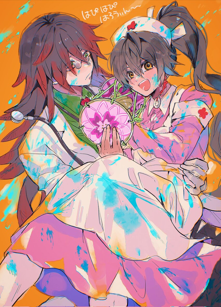 2boys, carrying, crossdressing, crossdressing_(mtf), doctor, glasses, gororoneko, green_eyes, high_ponytail, highres, kurama_(rune_factory), looking_at_viewer, male_focus, multiple_boys, nurse, open_mouth, ponytail, princess_carry, red_hair, rune_factory, rune_factory:_guardians_of_azuma, subaru_(rune_factory), yaoi