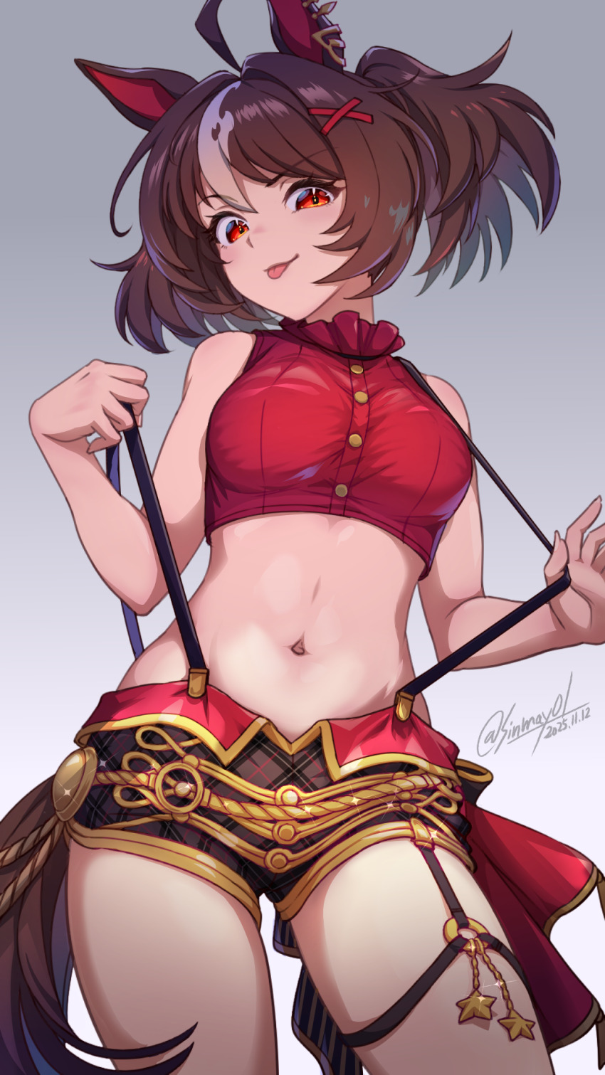 1girl, ahoge, animal_ear_piercing, animal_ears, bare_shoulders, black_shorts, breasts, brown_eyes, brown_hair, commentary_request, cowboy_shot, crop_top, ear_ornament, gran_alegria_(smile_my_way!)_(umamusume), gran_alegria_(umamusume), groin, hair_between_eyes, hair_ornament, highres, horse_ears, horse_girl, horse_tail, looking_at_viewer, medium_breasts, medium_hair, midriff, multicolored_hair, navel, o-ring, o-ring_thigh_strap, partial_commentary, plaid_clothes, plaid_shorts, red_shirt, shinmai_(kyata), shirt, short_shorts, shorts, sidelocks, signature, sleeveless, sleeveless_shirt, smile, solo, suspender_shorts, suspenders, suspenders_pull, tail, thigh_strap, tongue, tongue_out, umamusume, white_hair, x_hair_ornament