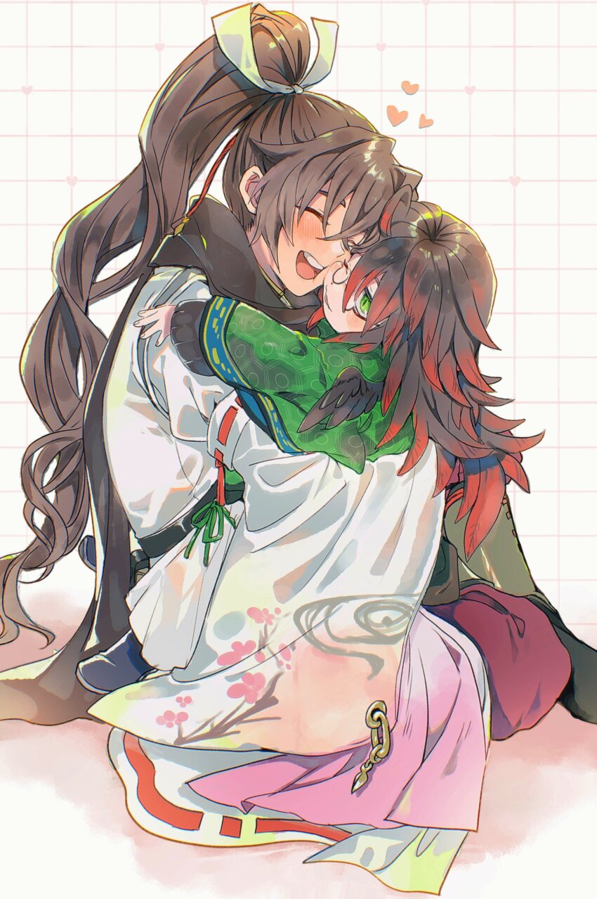 2boys, aged_down, brown_hair, glasses, gororoneko, gradient_hair, green_eyes, heart