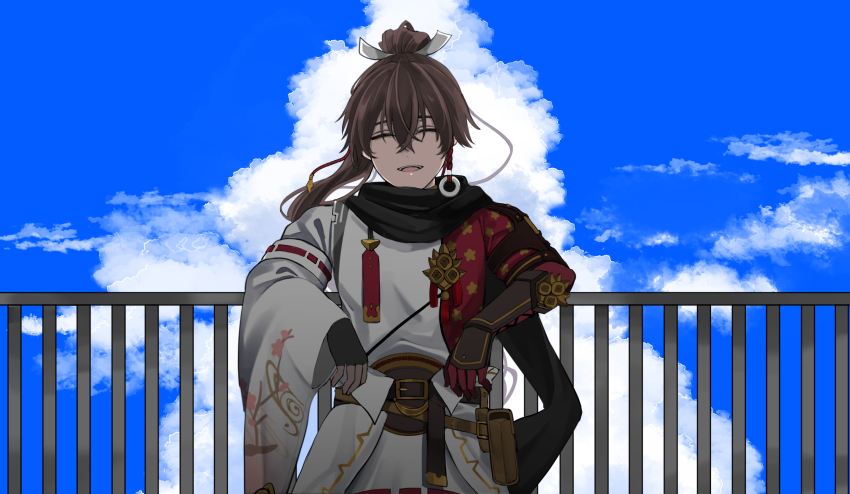 1boy, blue_sky, closed_eyes, hair_between_eyes, high_ponytail, highres, japanese_clothes, komugiko_(komugiu08)