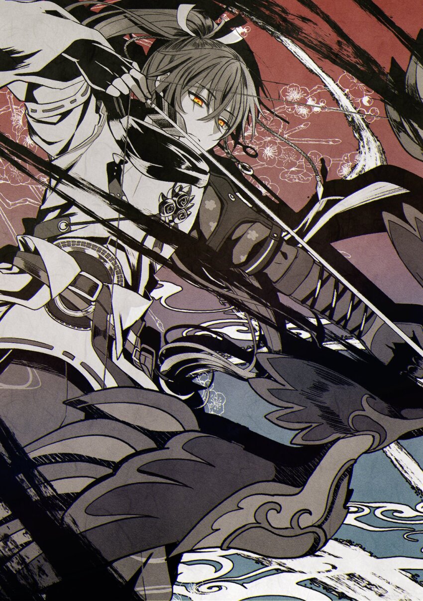 1boy, aiming, arrow_(projectile), bow_(weapon), drawing_bow, hair_between_eyes, highres, holding, holding_bow_(weapon), holding_weapon, japanese_clothes, komugiko_(komugiu08), long_hair, male_focus, ponytail, rune_factory, rune_factory:_guardians_of_azuma, subaru_(rune_factory), weapon