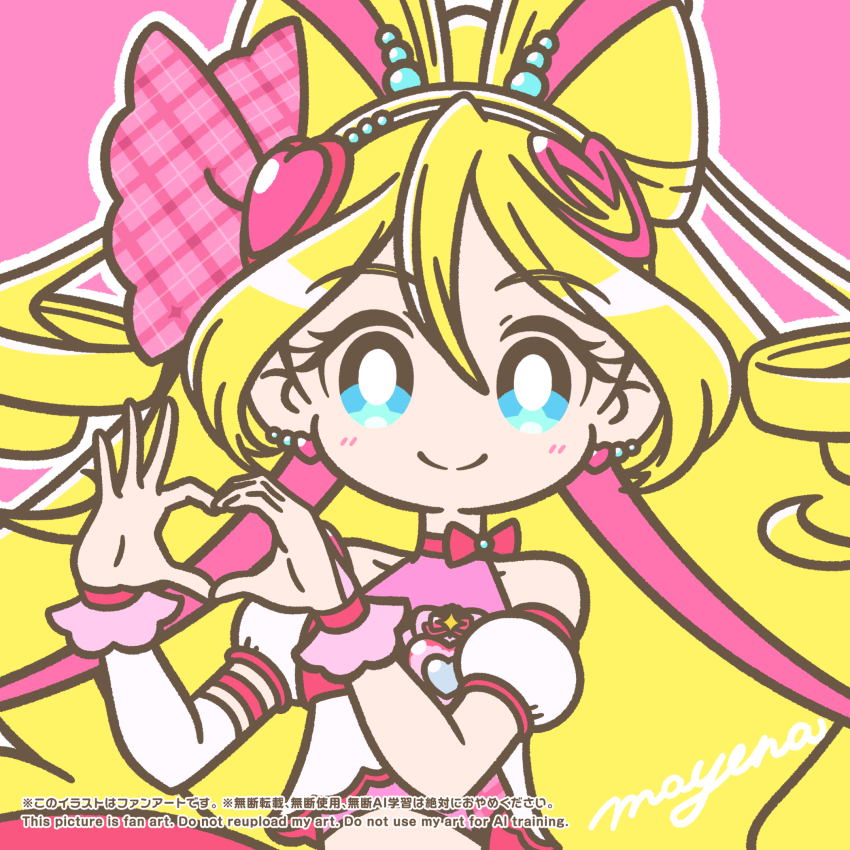 1girl, arm_warmers, artist_name, bare_shoulders, blonde_hair, blue_eyes, bow, bow-shaped_hair, bridal_gauntlets, bright_pupils, brooch, closed_mouth, collarbone, commentary, crop_top, cure_idol, detached_sleeves, double-parted_bangs, drill_hair, earrings, hair_between_eyes, hair_bun, hair_ornament, hair_ribbon, hairband, hands_up, heart, heart_earrings, heart_hair_bun, heart_hair_ornament, heart_hands, highres, idol, idol_heart_brooch_(precure), impossible_hair, jewelry, kimi_to_idol_precure, long_hair, looking_at_viewer, magical_girl, mayena, midriff, no_nose, outline, pink_background, pink_bow, pink_bridal_gauntlets, pink_ribbon, pink_theme, pink_wrist_cuffs, plaid_bow, precure, puffy_detached_sleeves, puffy_sleeves, ribbon, sakura_uta_(precure), signature, single_arm_warmer, sleeveless, smile, solo, split_mouth, twin_drills, upper_body, white_arm_warmers, white_hairband, white_outline, white_pupils, wrist_cuffs