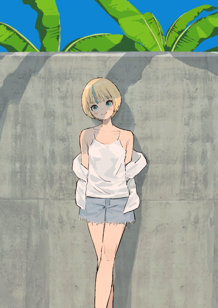 1girl, absurdres, aqua_eyes, aqua_hair, arms_behind_back, bare_shoulders, blonde_hair, blue_shorts