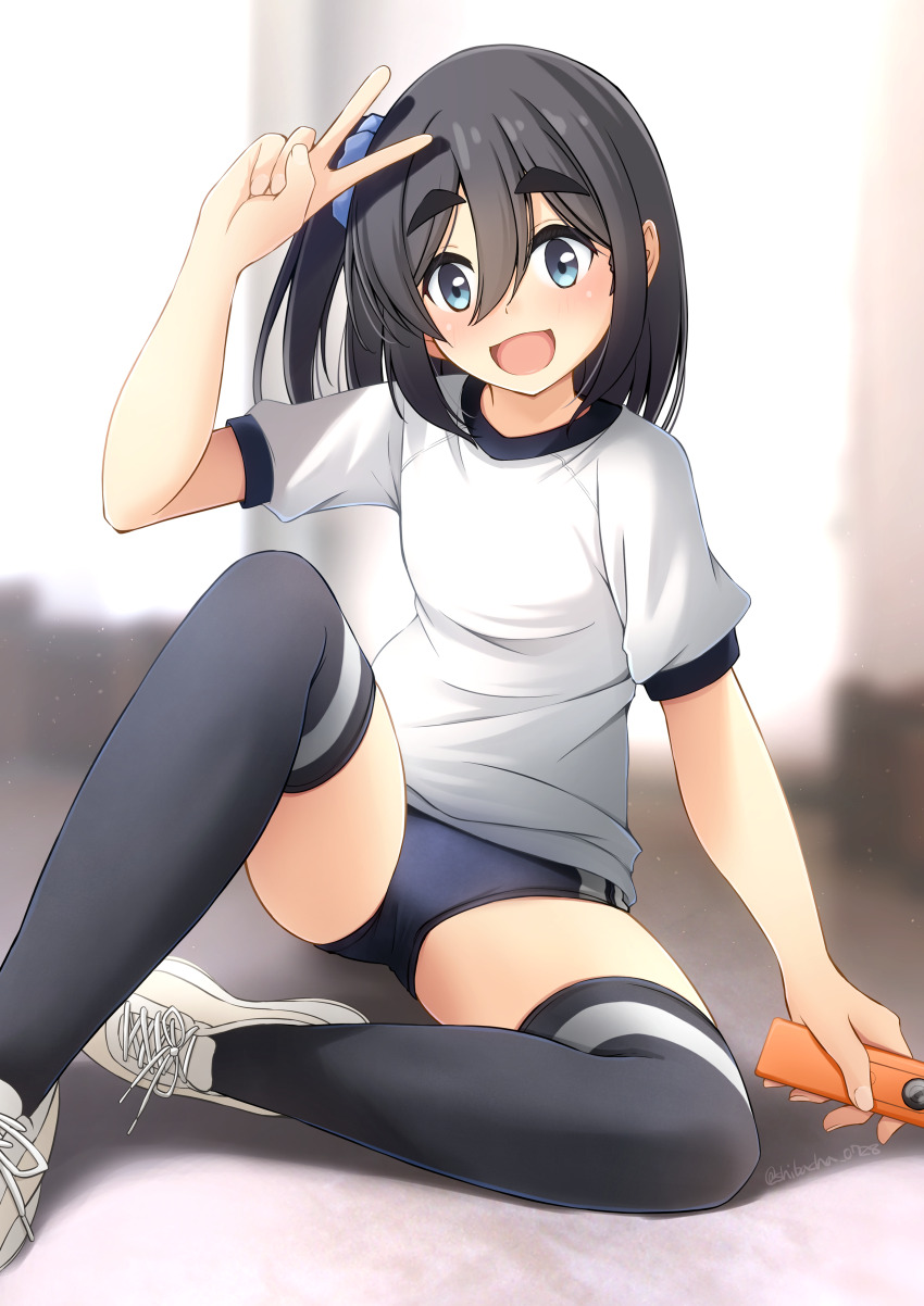 1girl, absurdres, amamiya, black_hair, black_thighhighs, blue_eyes, buruma, commentary_request