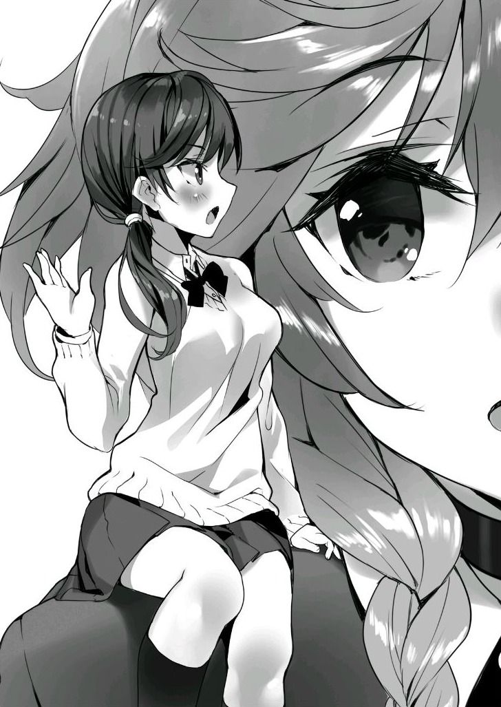 2girls, babylon_(isekai_maou), blush, bow, bowtie, braid, breasts, cardigan