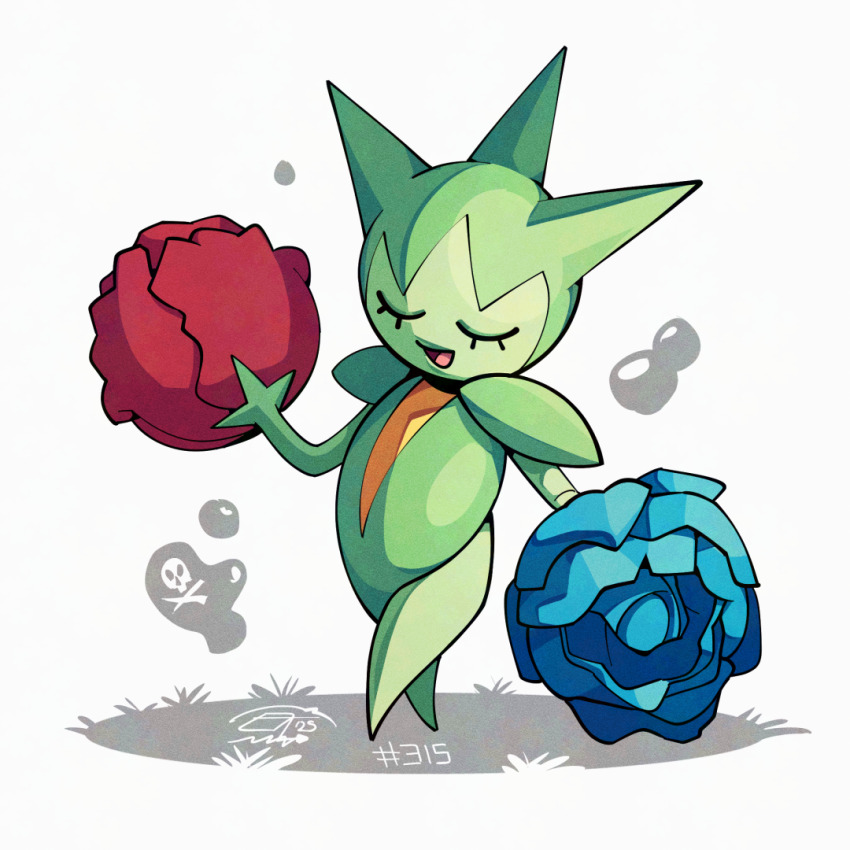 artist_name, blue_flower, closed_eyes, colored_skin, flower, full_body, gen_3_pokemon, green_skin, mistray-art, nintendo, open_mouth, pokemon, pokemon_(creature), red_flower, roselia_(pokemon), signature, simple_background, solo, white_background