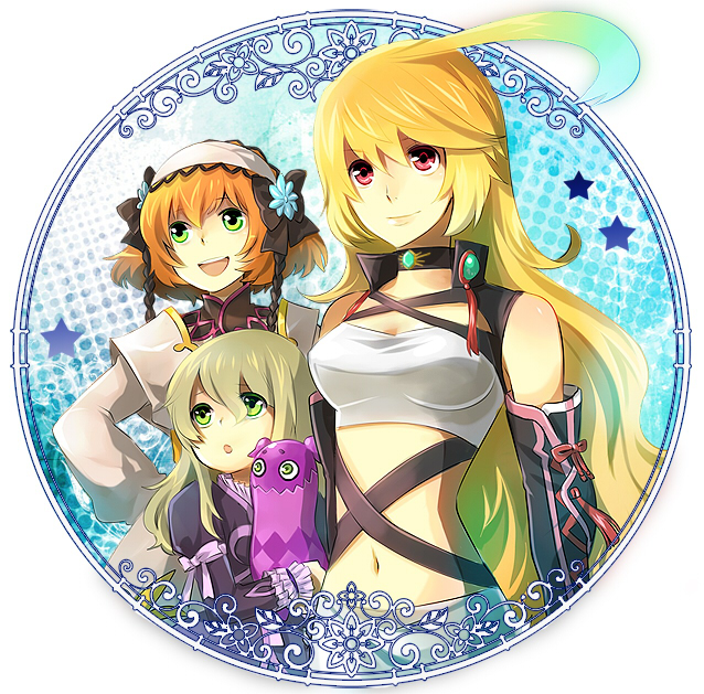 3girls, blonde_hair, brown_hair, choker, doll, elize_lutus, green_eyes, jodesu