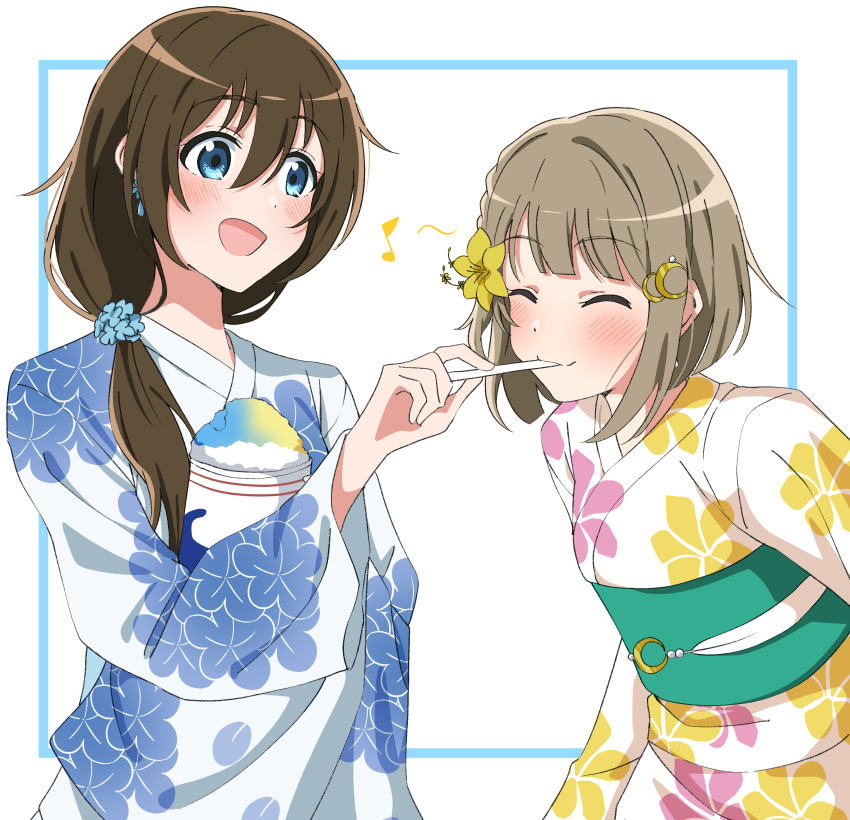 2girls, :d, ^_^, absurdres, blue_border, blue_flower, blue_kimono, bob_cut