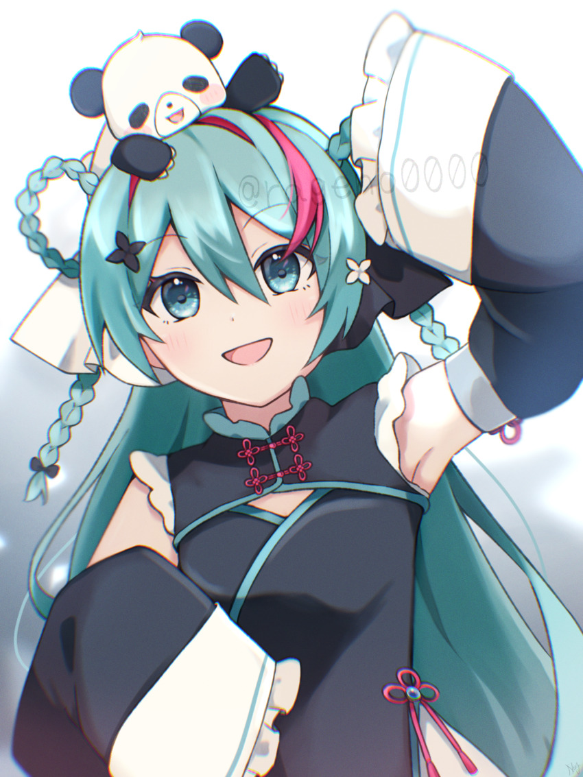 1girl, 1other, animal, aqua_eyes, aqua_hair, arm_up, armpits, black_shirt