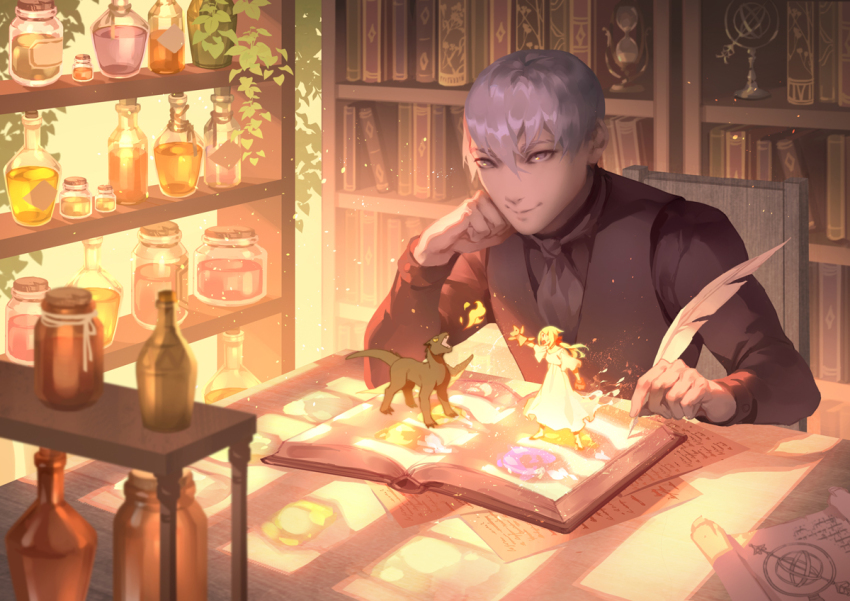 1boy, 1girl, black_shirt, black_vest, book, bookshelf, bottle, breath_weapon