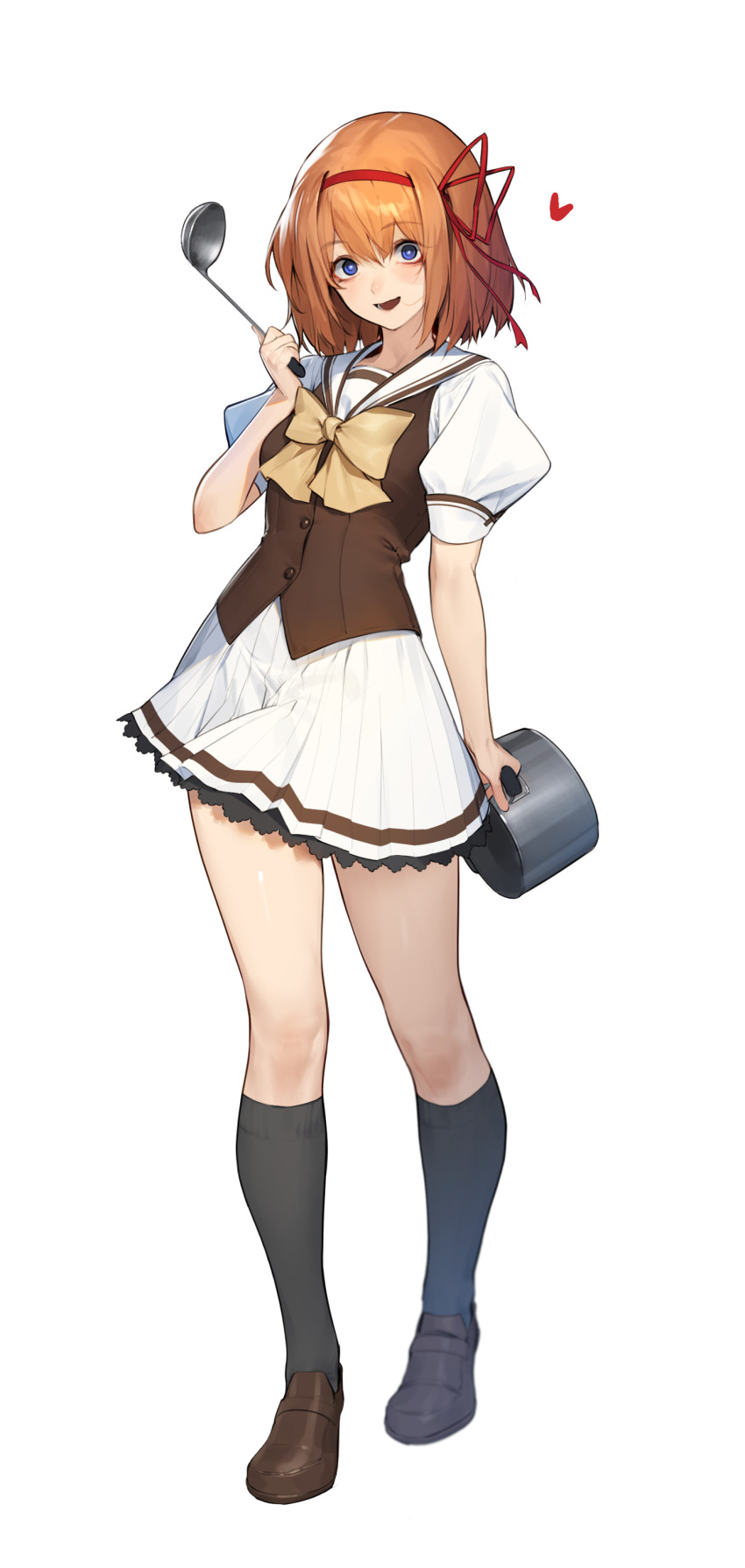 1girl, absurdres, beeeeen, black_socks, blue_eyes, bow, bow_hairband, bowtie, brown_bow, brown_bowtie, brown_shoes, brown_vest, buttons, commentary, cooking_pot, crazy_smile, full_body, fuyou_kaede, hair_between_eyes, hair_ribbon, hairband, heart, highres, holding, holding_cooking_pot, holding_ladle, kneehighs, ladle, light_blush, loafers, looking_at_viewer, miniskirt, national_verbena_academy_school_uniform, open_mouth, orange_hair, pleated_skirt, puffy_short_sleeves, puffy_sleeves, red_hairband, red_ribbon, ribbon, sailor_collar, school_uniform, serafuku, shirt, shoes, short_hair, short_sleeves, shuffle!, simple_background, single_horizontal_stripe, skirt, smile, socks, solo, standing, striped_clothes, striped_skirt, vest, white_background, white_sailor_collar, white_shirt, white_skirt, wide-eyed
