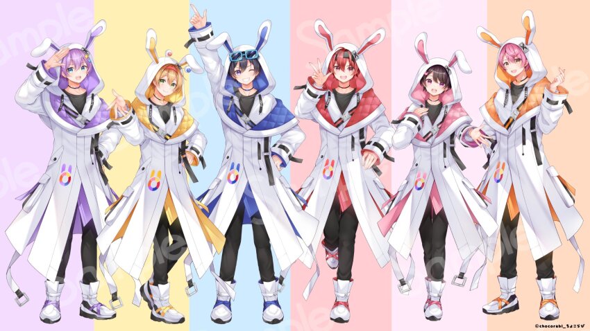 6+boys, :d, animal_hood, animal_print, ankle_boots, antennae, arm_up, belt, black_choker, black_hair, black_headband, black_pants, black_shirt, blonde_hair, blue_background, blue_coat, blue_eyes, boots, brown_hair, chocolate_rabbits, choker, closed_mouth, coat, color_coordination, column_lineup_background, copyright_notice, crew_neck, double-parted_bangs, eyewear_on_head, fake_antennae, fenikuro, finger_heart, full_body, green_eyes, grin, hair_between_eyes, hair_ornament, hairband, hairclip, hand_in_pocket, hand_on_own_chest, hand_on_own_hip, headband, highres, hood, hood_up, hooded_coat, kani-chan, l_hand, lineup, looking_at_viewer, maitake_(chocolate_rabbits), male_focus, matching_outfits, multiple_boys, offering_hand, official_art, one_eye_closed, open_mouth, orange_background, orange_coat, orange_eyes, padded_coat, pants, pink_background, pink_coat, pink_eyes, pink_hair, pokekamen, purple_background, purple_coat, purple_eyes, purple_hair, rabbit_hair_ornament, rabbit_hood, rabbit_print, red_background, red_coat, red_eyes, red_hair, red_hairband, sakura-kun, sakura_moyon, salute, sample_watermark, shirt, short_hair, smile, standing, star_(symbol), star_hair_ornament, sunglasses, swept_bangs, two-sided_coat, two-sided_fabric, v-shaped_eyebrows, w, watermark, white_belt, white_boots, white_coat, yellow_background, yellow_coat, yupekun