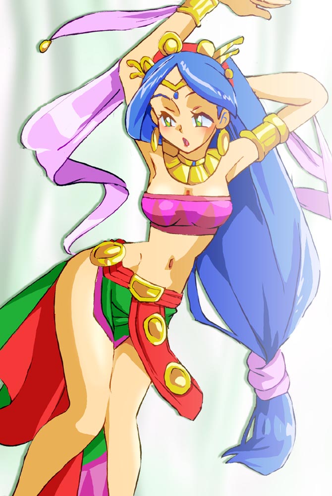 1girl, armlet, arms_up, bikini, blue_hair, blush, bracelet, breasts, cleavage, curtains, dancer, dancing, earrings, green_background, green_eyes, green_skirt, hairband, harem_outfit, jewelry, long_hair, looking_to_the_side, low_ponytail, medium_breasts, navel, okuni_(tengai_makyou), onnaski, open_mouth, pink_bikini, ponytail, showgirl_skirt, skirt, standing, swimsuit, tengai_makyou, tengai_makyou_fuun_kabukiden, tiara, usekh_collar