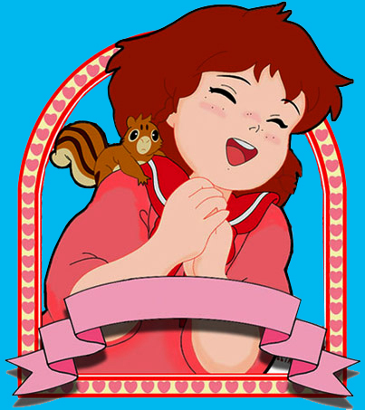 1girl, ai_shoujo_pollyanna_monogatari, animal, animal_on_shoulder, blue_background, blush, bow, bowtie