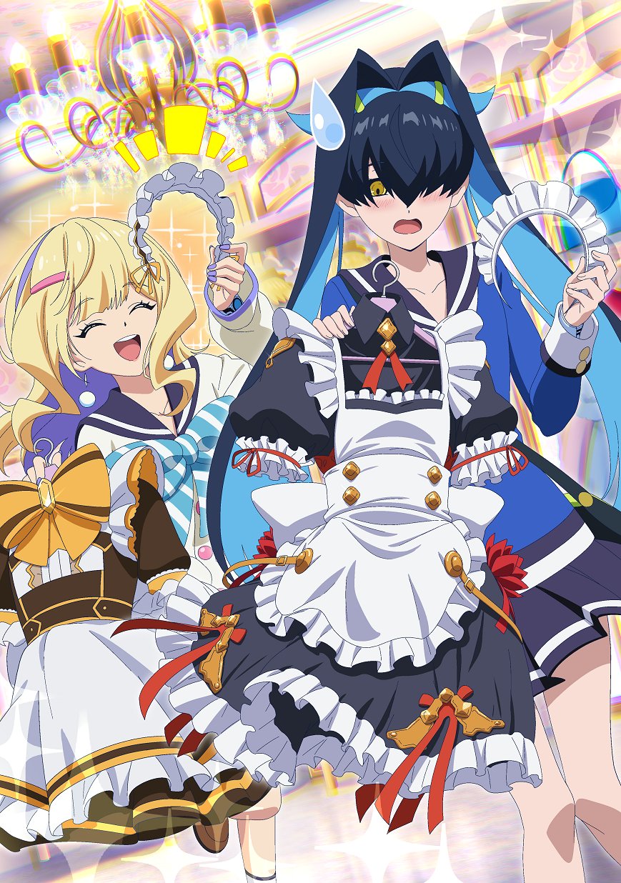 2girls, aqua_hair, black_hair, blonde_hair, blue_shirt, bow, bowtie, closed_eyes