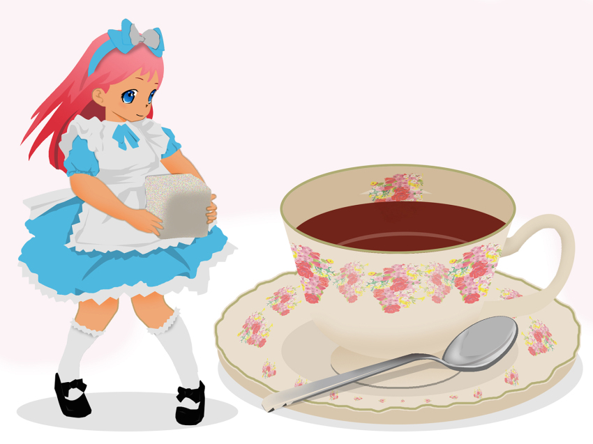 1girl, alice's_adventures_in_wonderland, alice_(alice_in_wonderland), black_shoes, blue_bow, blue_dress, blue_eyes, blue_ribbon, blush, bow, coffee, cup, dress, drink, hair_bow, hairband, holding, kneehighs, long_hair, looking_at_viewer, mary_janes, mini_person, minigirl, neck_ribbon, neko_no_kimagure, pink_hair, puffy_sleeves, ribbon, saucer, shoes, short_sleeves, smile, socks, spoon, standing, sugar_cube, teacup, waist_bow, white_background, white_socks