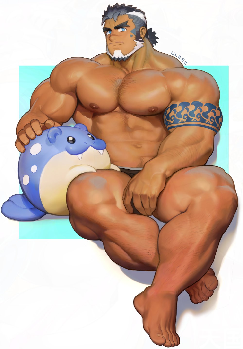 1boy, abs, bara, beard, character_doll, chinstrap_beard, dark-skinned_male, dark_skin