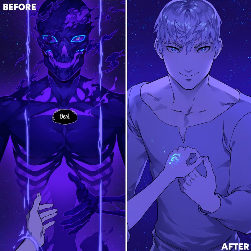 1boy, before_and_after, blue_pupils, choppy_bangs, closed_mouth, collarbone, commentary, english_commentary, english_text, grey_eyes, grey_hair, grey_shirt, hair_between_eyes, long_sleeves, looking_at_viewer, lydia_ling, male_focus, pov, pov_hands, shirt, short_hair, skeleton, smile, star_(sky), the_ink_apprentice, third-party_source, transformation