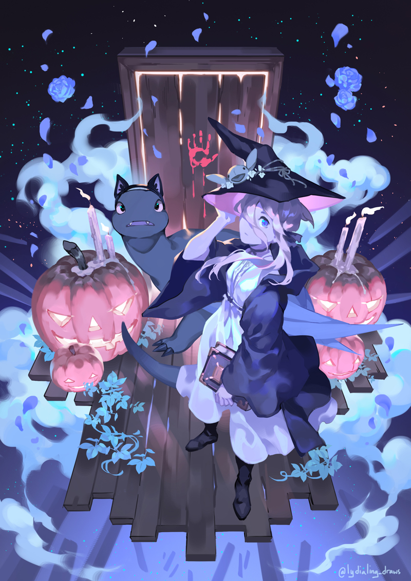 1girl, animal_ear_hairband, animal_ears, black_boots, black_cape, black_hat, blonde_hair, blood