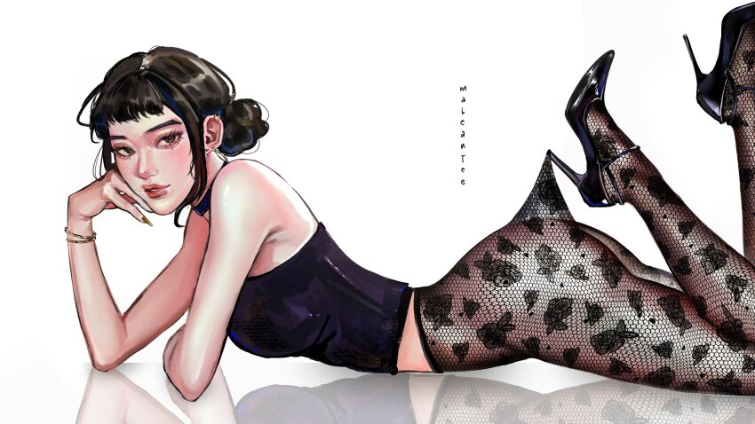 1girl, absurdres, arched_back, black_choker, choker, earrings, feet_up, floral_print_pantyhose, from_side, hair_bun, head_rest, high-waist_pantyhose, high_heels, highres, hooked_on_heel, jewelry, kpop_demon_hunters, lace, lace_pantyhose, lace_pantyhose_hooked_on_heel_(meme), looking_at_viewer, lying, maleantee, meme, on_stomach, pantyhose, pantyhose_tug, short_bangs, solo, strappy_heels, white_background, zoey_(kpop_demon_hunters)