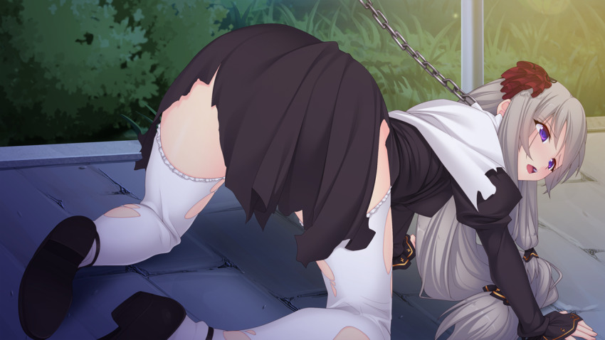 1girl, all_fours, ass, bitch_taken_for_walk, black_dress, chain, chain_leash, chained, dress, female_focus, flower, from_behind, game_cg, grey_hair, hair_between_eyes, hair_flower, hair_ornament, juliet_sleeves, kourin_tenshi_en_ciel_rena, kura_(en_ciel_rena), large_variant_set, leash, long_hair, long_sleeves, looking_back, low-tied_long_hair, non-web_source, official_art, open_mouth, outdoors, pet_play, petgirl, puffy_sleeves, purple_eyes, red_flower, saitou_natsuki, self-datamine, shoe_soles, shoes, solo, stone_floor, suhamaya, thighhighs, tongue, torn_clothes, torn_dress, torn_thighhighs, variant_set, very_long_hair, white_thighhighs