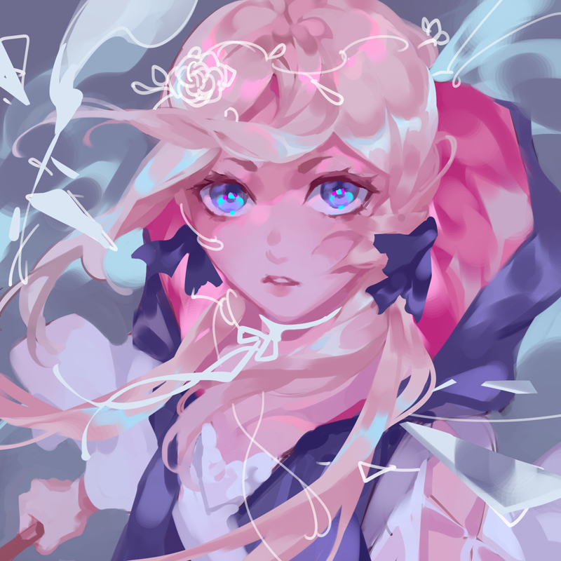 1girl, black_cape, blonde_hair, blue_eyes, cape, choker, commentary, english_commentary