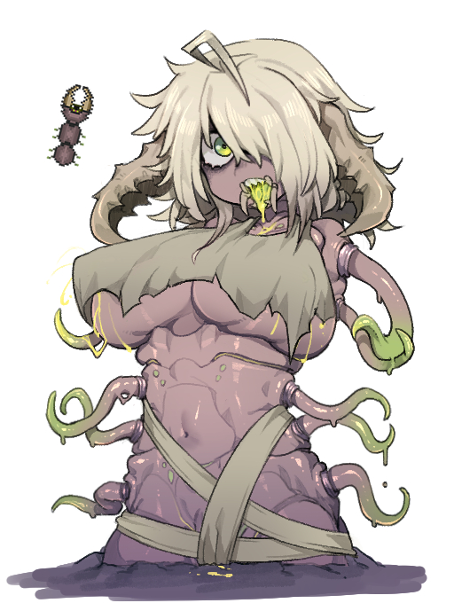 1girl, ahoge, arthropod_girl, breasts, censored, clinger_(terraria), cropped_shirt, drooling