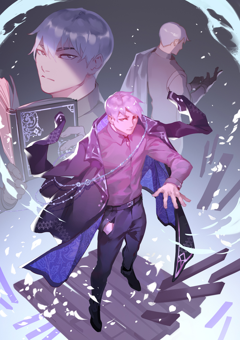 1boy, black_coat, black_gloves, black_pants, black_shoes, book, closed_mouth, coat, coat_on_shoulders, commentary, double-parted_bangs, english_commentary, full_body, gloves, grey_eyes, grey_hair, grey_shirt, hair_between_eyes, holding, holding_book, looking_at_viewer, lydia_ling, male_focus, multiple_views, open_book, pants, pink_hair, shirt, shoes, short_hair, standing, the_ink_apprentice, wooden_floor