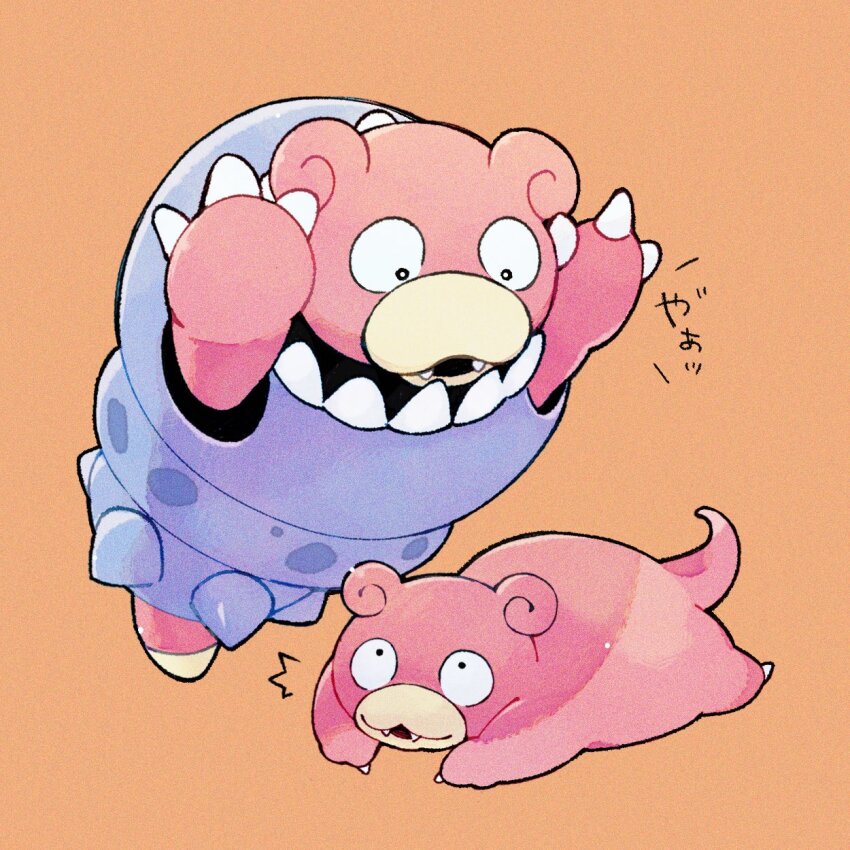 arms_up, claws, colored_skin, commentary_request, eye_contact, fangs, gen_1_pokemon, gu_gu12435