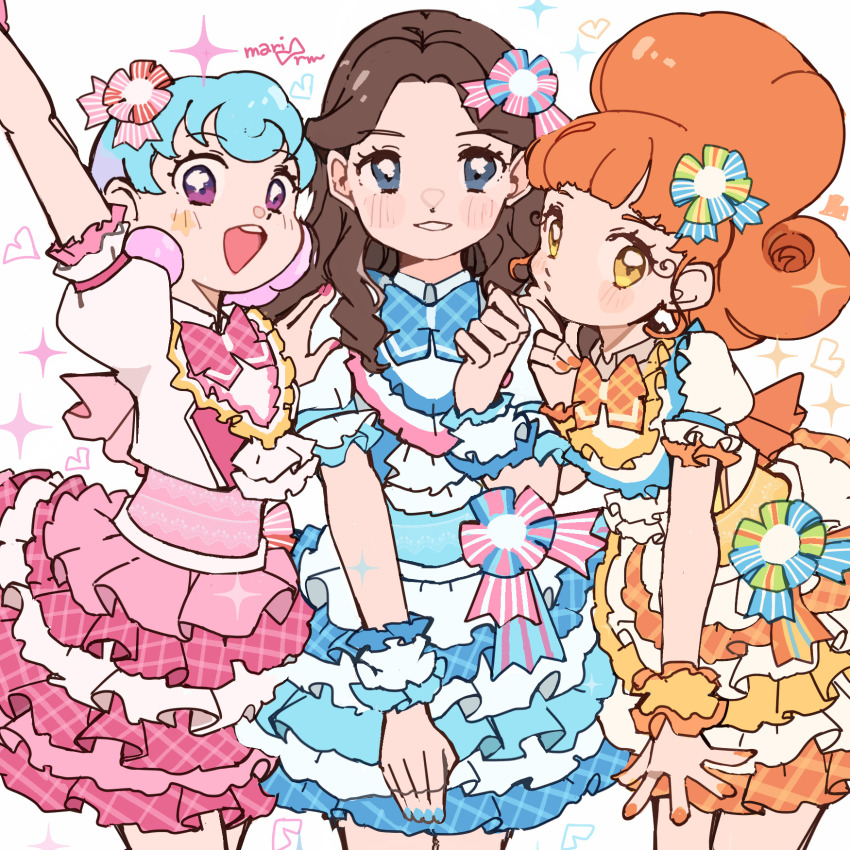 3girls, :d, aikatsu!, aikatsu!_(series), arm_up, blue_bow, blue_bowtie, blue_eyes