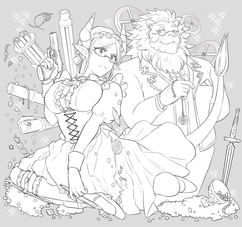 1boy, 1girl, animal_ears, arm_behind_back, butler, chakram_(arms), closed_mouth, commentary_request