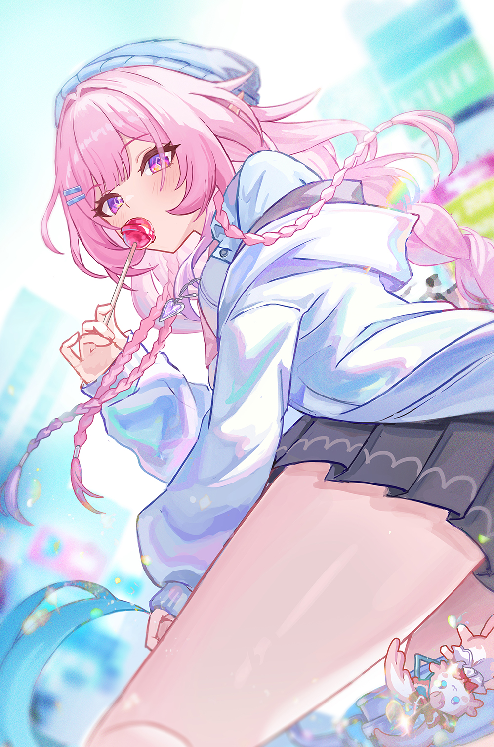 1girl, black_skirt, blue_hat, blue_jacket, commentary_request, cyrene_(demiurge)_(honkai:_star_rail), cyrene_(honkai:_star_rail), cyrene_(nylon_japan)_(honkai:_star_rail)