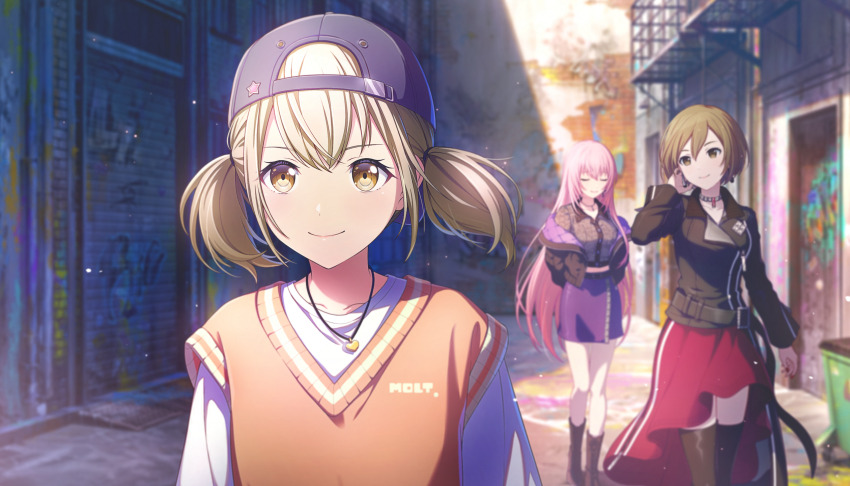 3girls, azusawa_kohane, backwards_hat, belt, black_belt, black_hat, black_jacket, black_shirt