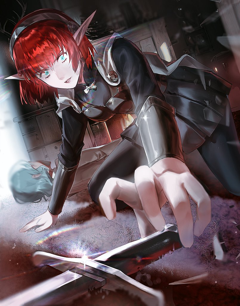 1boy, 1girl, aqua_hair, black_pantyhose, black_skirt, blue_eyes, cape, commentary, grey_cape, hairband, hulkenberg_(metaphor:_refantazio), long_sleeves, looking_at_viewer, lying, metaphor:_refantazio, pantyhose, pkkoje98bo88835, pleated_skirt, pointy_ears, red_hair, short_hair, skirt, sword, the_prince_(metaphor:_refantazio), weapon