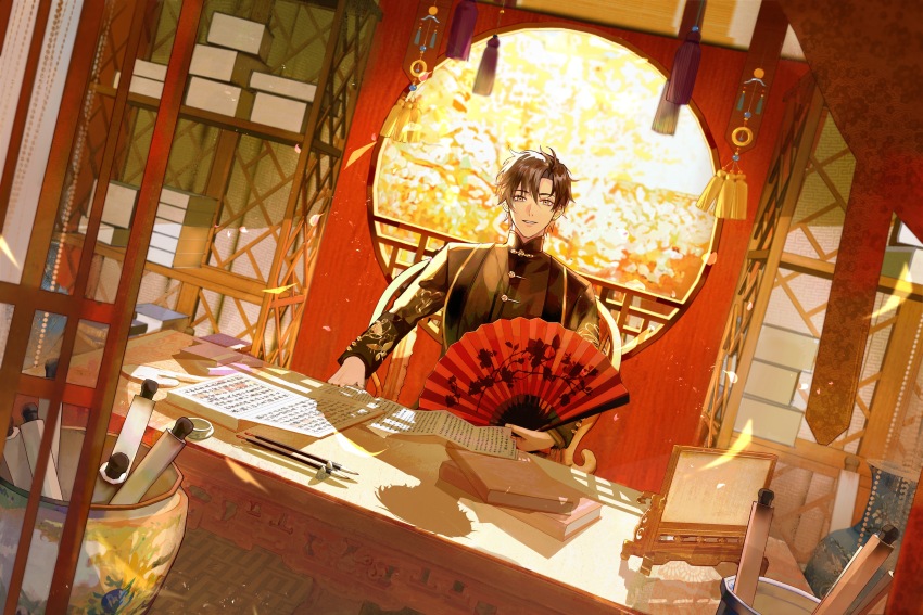 1boy, absurdres, architecture, bead_curtain, black_hair, black_jacket, book, book_stack