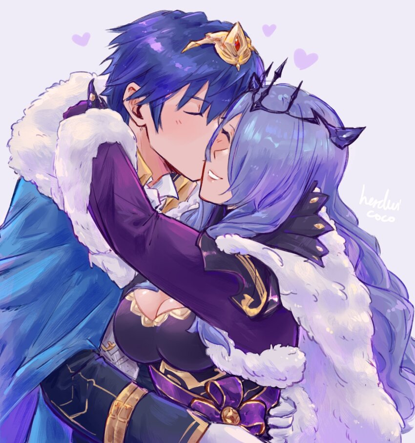 1boy, 1girl, armor, black_armor, black_tiara, blue_hair, breast_press, breasts