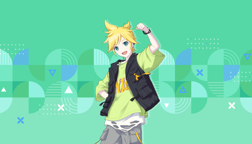 1boy, :d, alternate_costume, aqua_eyes, black_vest, blonde_hair, break_down_the_wall_(project_sekai), colorful_palette