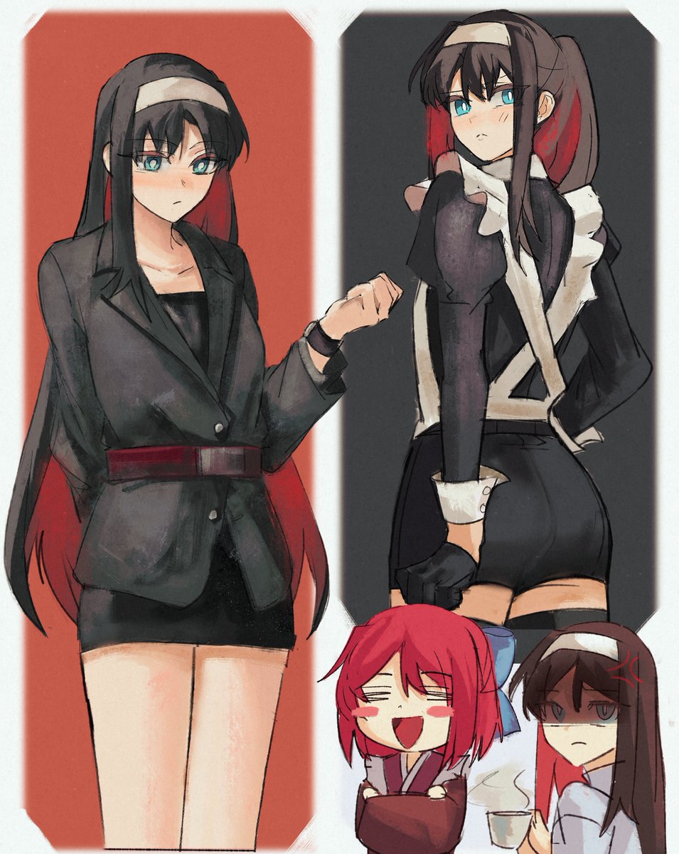 4girls, alternate_costume, anger_vein, arm_behind_back, ass, belt, black_background, black_coat