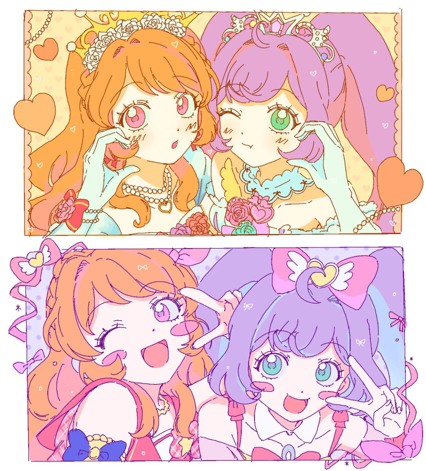 2girls, :d, ;d, ahoge, aikatsu!, aikatsu!_(series), aikatsu!_x_pripara_the_movie_-deai_no_kiseki!-, bead_necklace