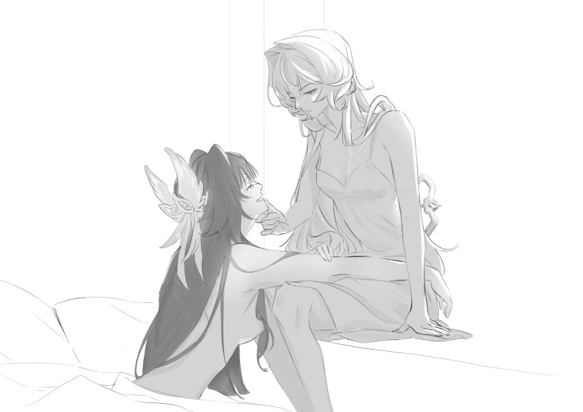 2girls, absurdres, breasts, chewinggum_p, cleavage, closed_mouth, clothed_female_nude_female, columbina_(genshin_impact)