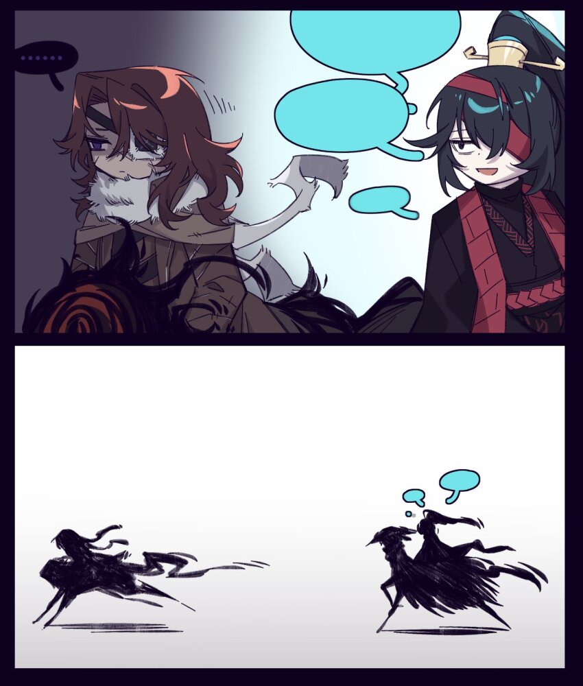 3boys, annoyed, black_coat, black_hanfu, brown_coat, brown_hair, centaur, chinese_clothes