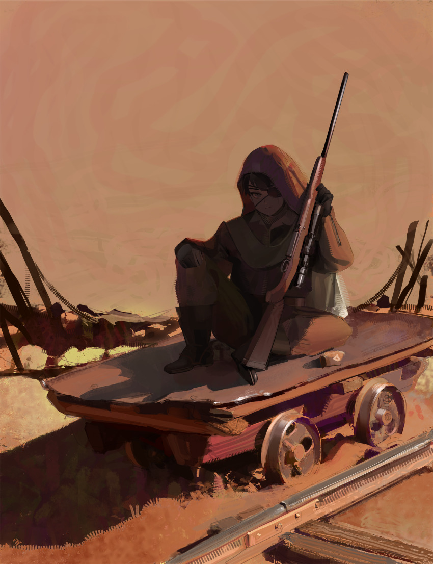 1girl, absurdres, bandages, barbed_wire, black_boots, bolivia, boots, cape, commentary, dusk, english_commentary, eyepatch, flatcar, full_body, gloves, grass, gun, highres, holding, holding_gun, holding_weapon, hood, hooded_cape, knee_up, light_frown, looking_ahead, military, original, outdoors, polilla, polivia, railroad_tracks, rifle, rubber_boots, scar, scar_across_eye, scar_on_face, scope, serious, shadow, sidelighting, sitting, sleeve_zipper, solo, weapon, wide_shot
