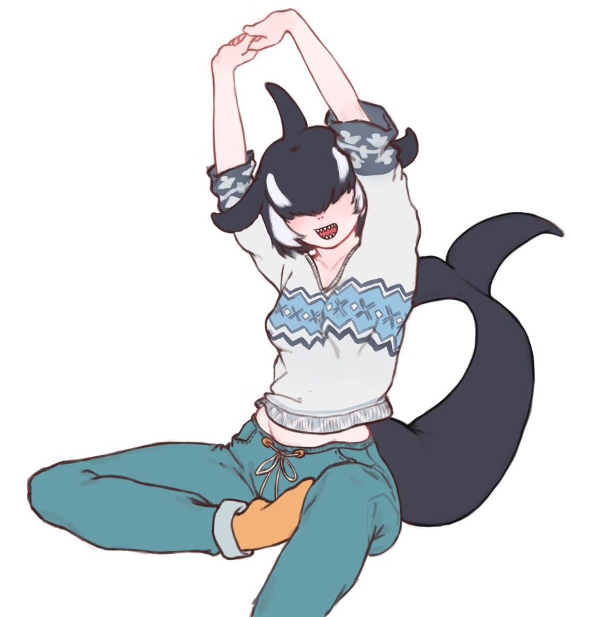 10tile, 1girl, absurdres, aqua_pants, arms_up, black_hair, blowhole, cetacean_tail