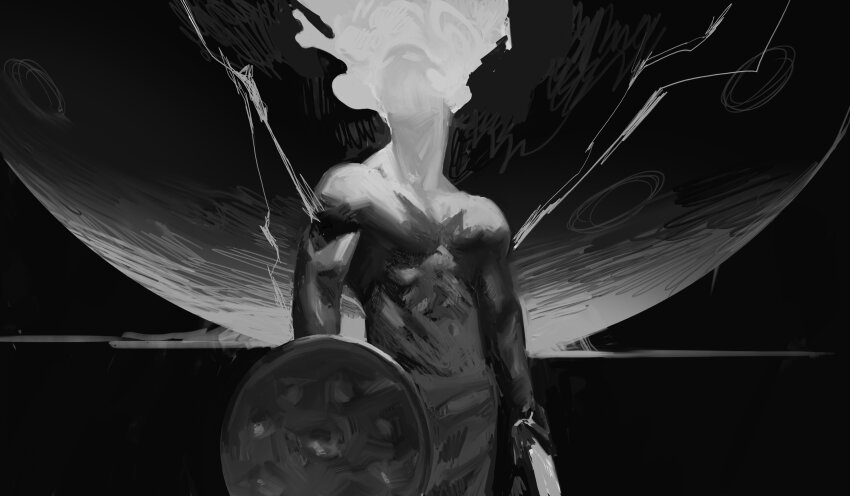 1boy, absurdres, commentary, cowboy_shot, daslvathomas, electricity, greyscale, hair_up, highres, holding, holding_shield, holding_sword, holding_weapon, male_focus, monkey_d._luffy, monochrome, one_piece, scar, scar_on_chest, shield, solo, sun_god_nika_(one_piece), sword, topless_male, weapon