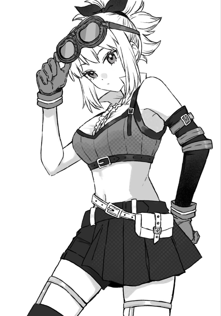 1girl, belt_pouch, breasts, crop_top, detached_sleeves, dr._stone, gloves, goggles